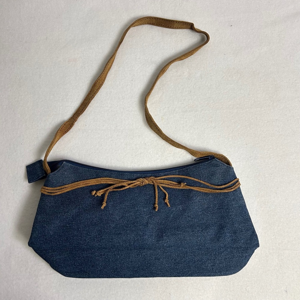 Y2K Boho Cappelli Womens Blue Denim Tan Bow Trim Zippered‎ Shoulder Bag Baguette